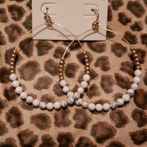 White Marble Stone & Gold Bead Boho Hoop Earrings